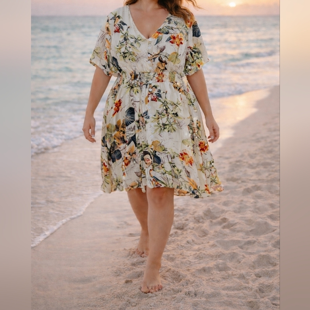 Leo Rosi Tropical Floral Button Front Dress XL Smocked Waist Resort Summer